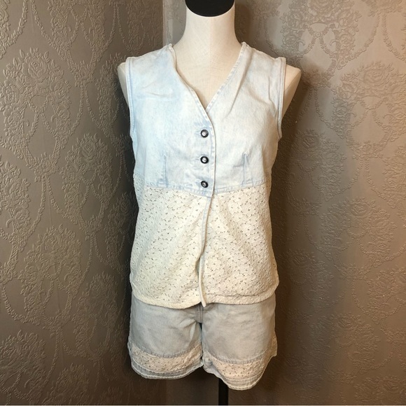 L.A. Blues Pants - Vintage LA Blues stonewashed lace shorts vest top S 8